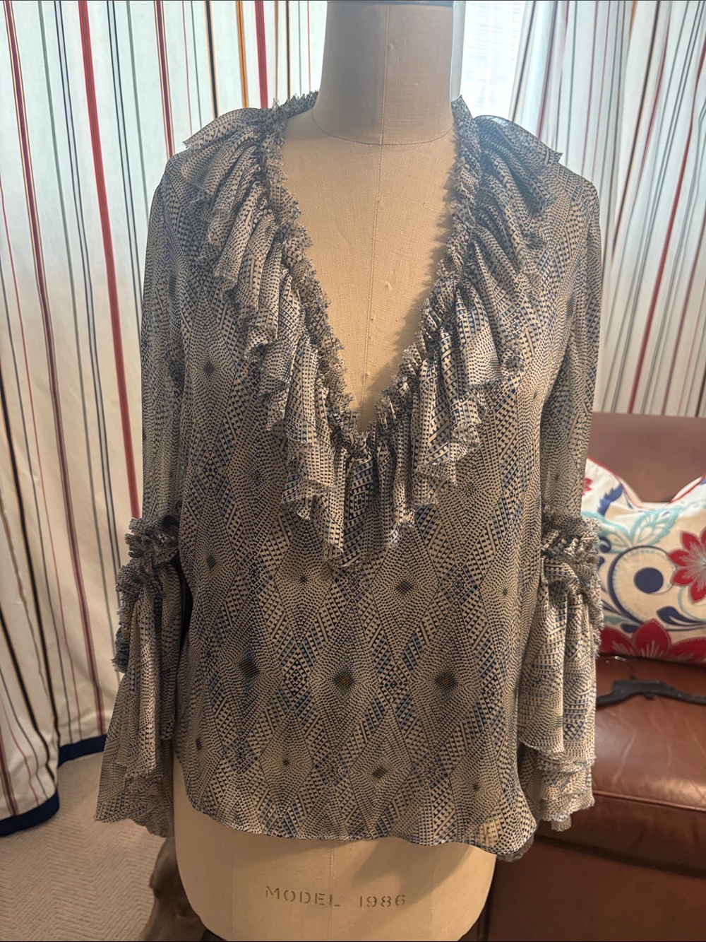 Alexis Beige and Navy Printed Ruffle V-Neck Blouse